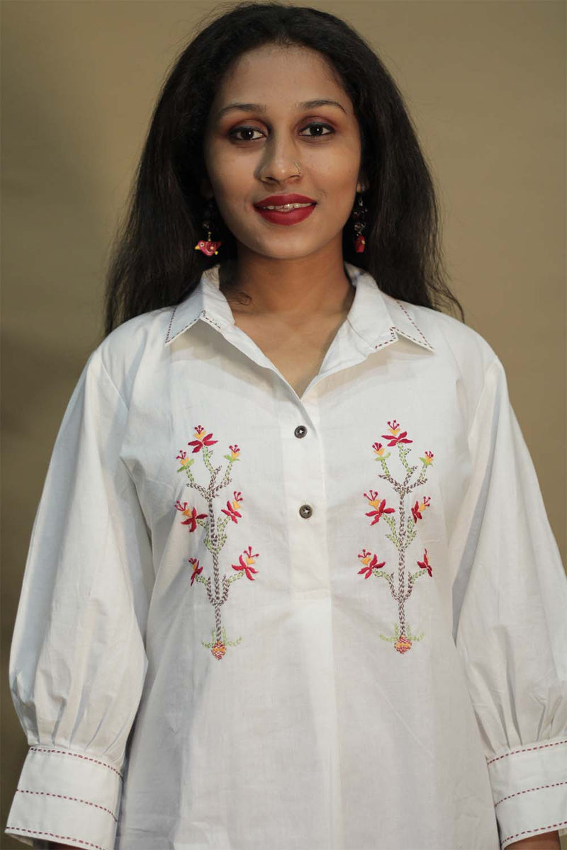 Lata | Collared Hand Embroidered Kurta | White