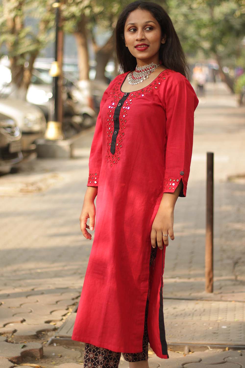Shishej | Kurta with Mirrorwork | Red