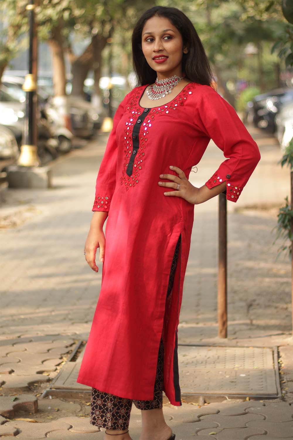 Shishej | Kurta with Mirrorwork | Red