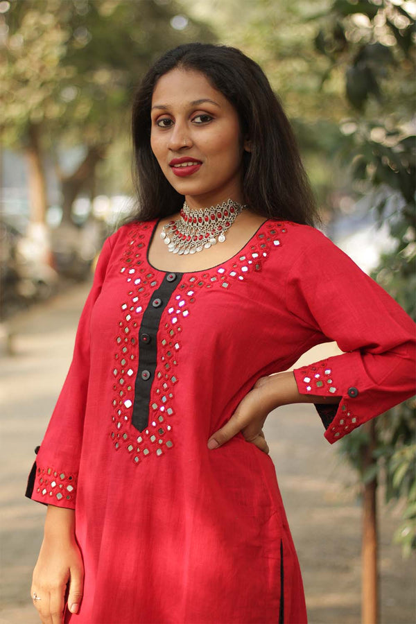 Shishej | Kurta with Mirrorwork | Red