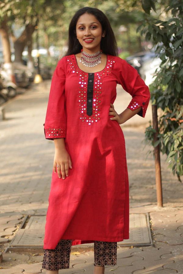 Shishej | Kurta with Mirrorwork | Red