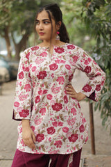 Short Kurta | Burgundy Floral Sanganeri