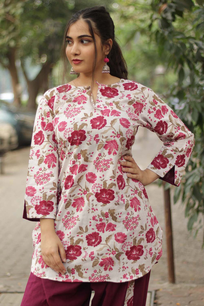 Short Kurta | Burgundy Floral Sanganeri