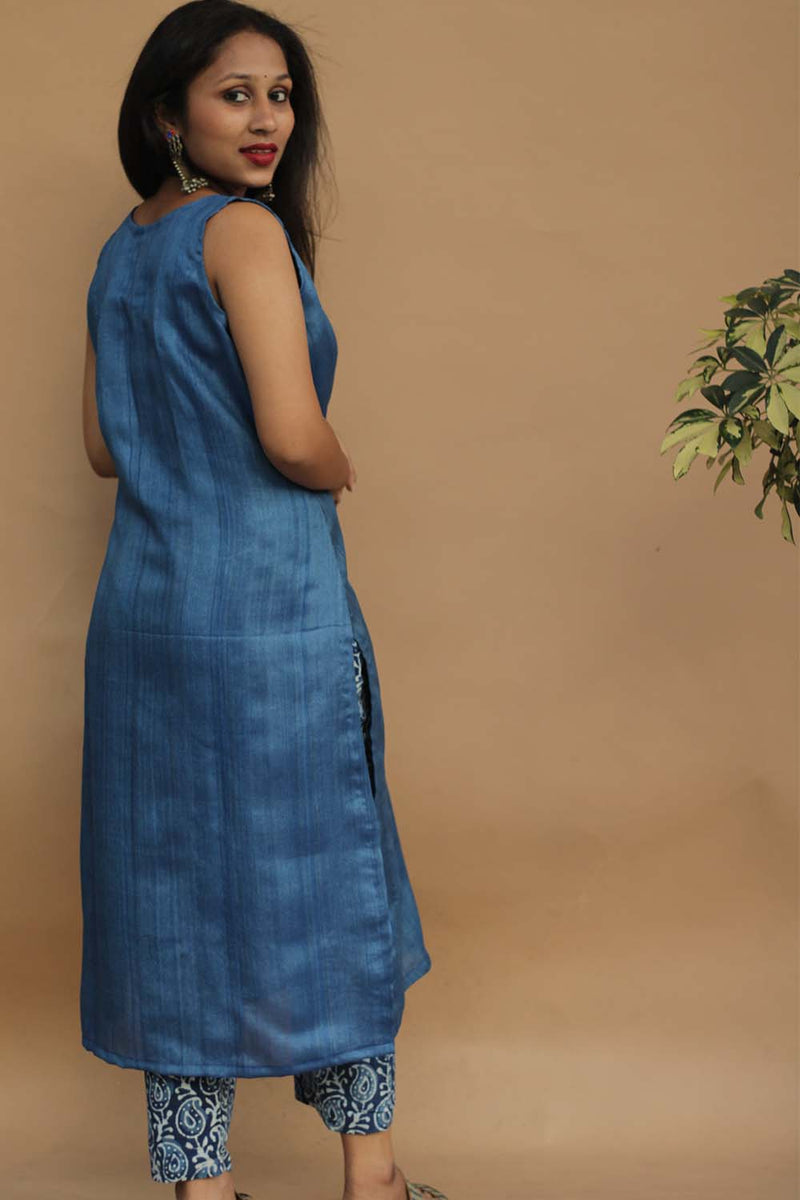 Long Kurta | Tussar Silk | Sapphire Blue