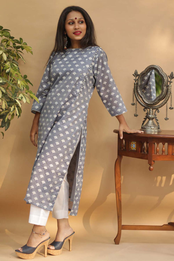 Banarasi Cotton Silk Kurta  | Pearl Grey