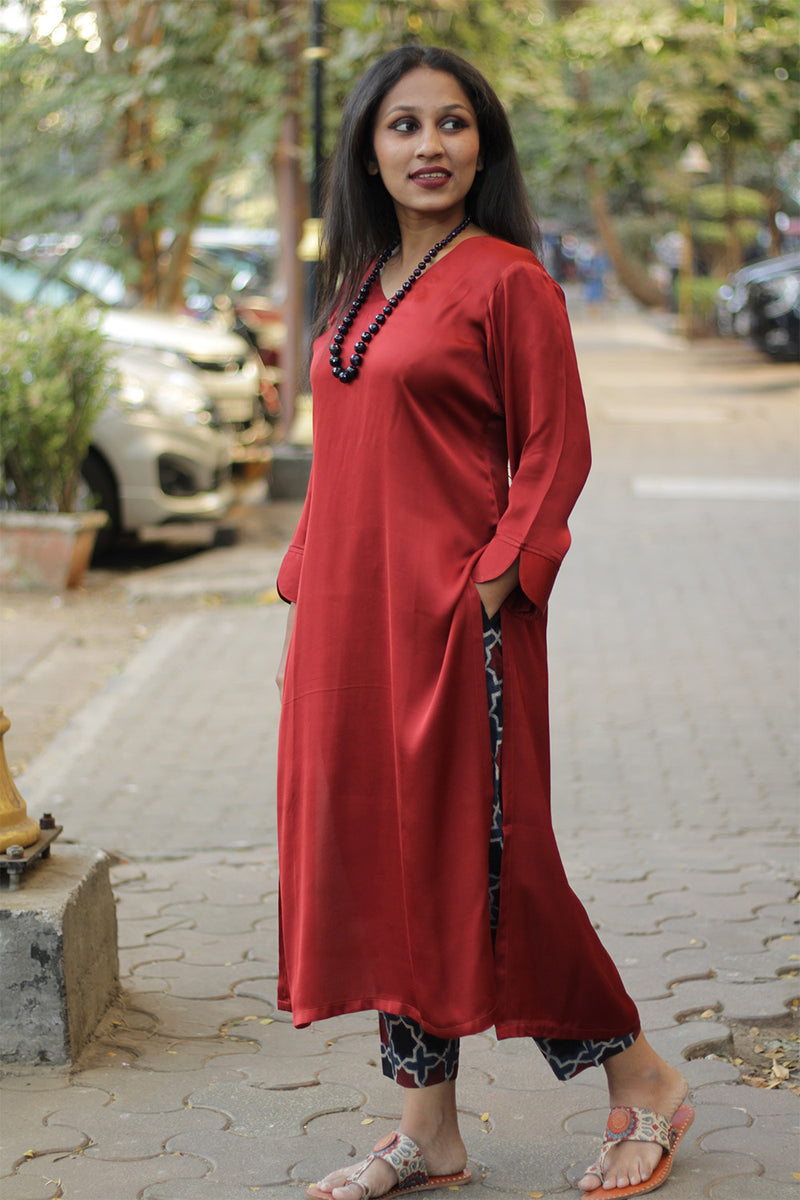 Long Kurta | Modal Silk | Crimson Red