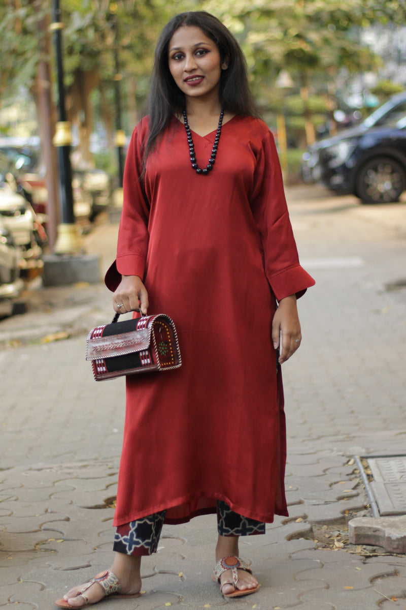 Long Kurta | Modal Silk | Crimson Red
