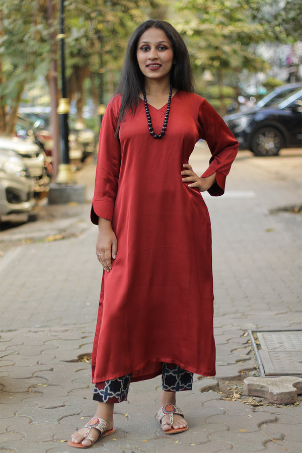 Long Kurta | Modal Silk | Crimson Red