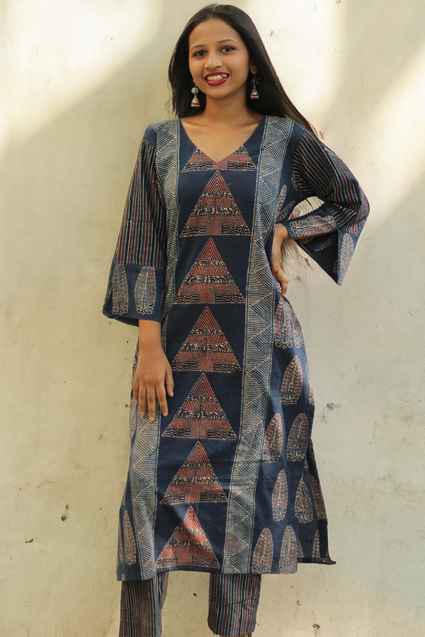 Abhira | Long Kurta | Indigo Cypress & Trikon Ajrakh