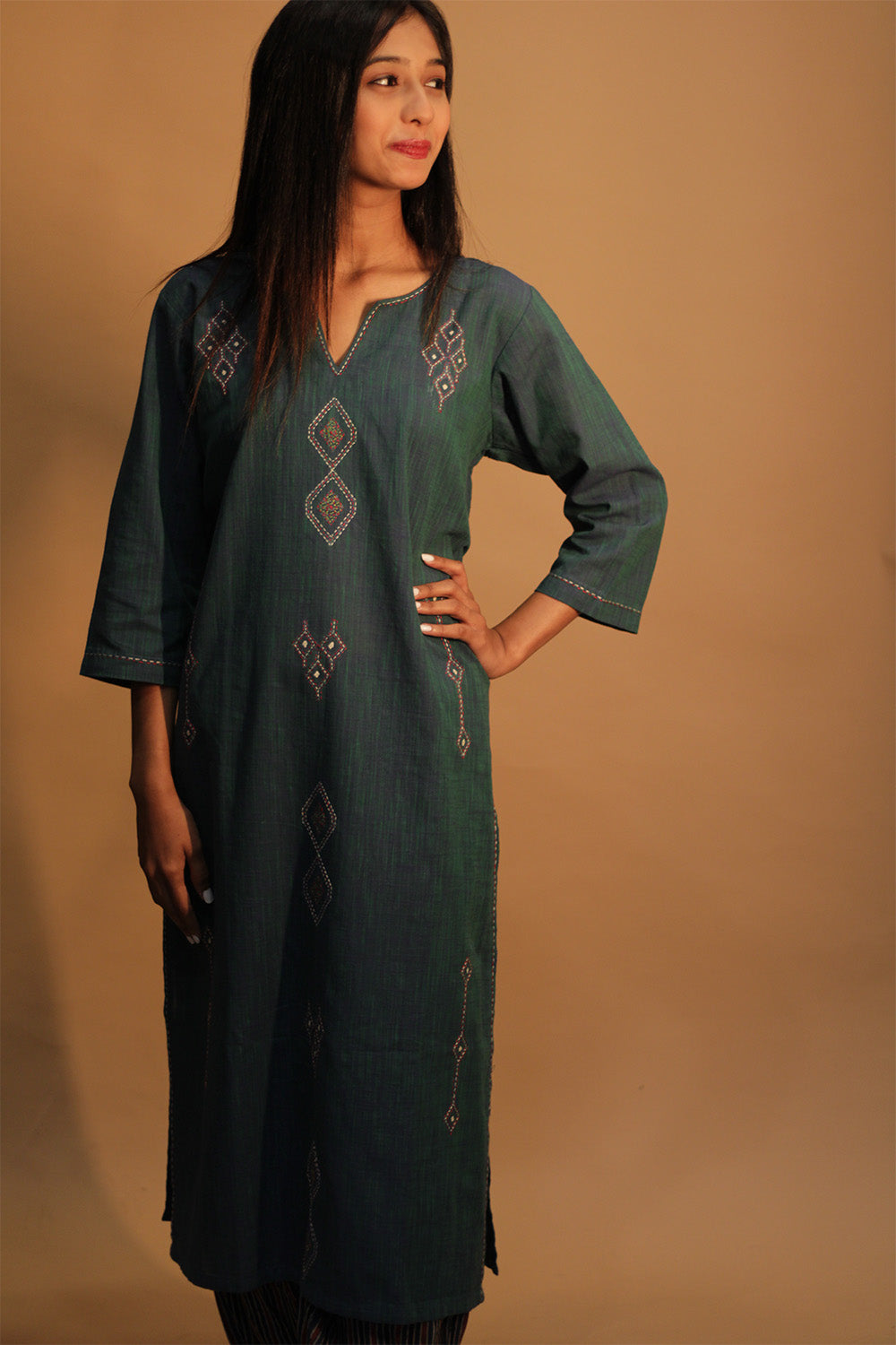 Riya | Embroidered Cotton Kurta | Peacock Green