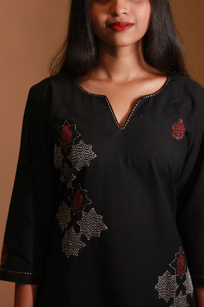 Riya | Embroidered Cotton Kurta | Black