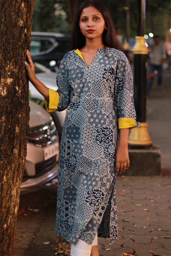 Arya | Long Kurta | Indigo Geometric