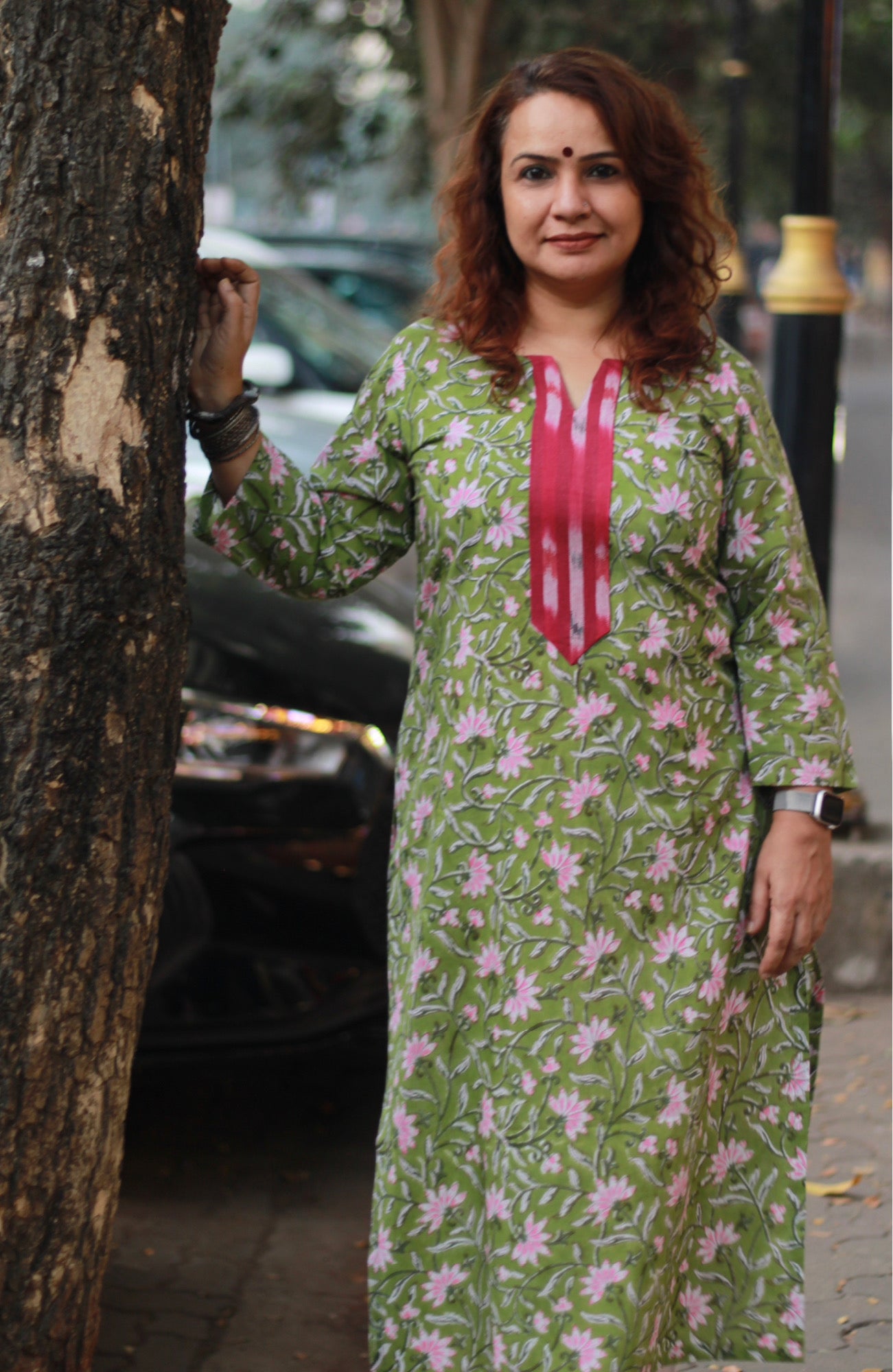 Arya | Long Kurta | Green Floral Sanganeri with Ikkat Yoke