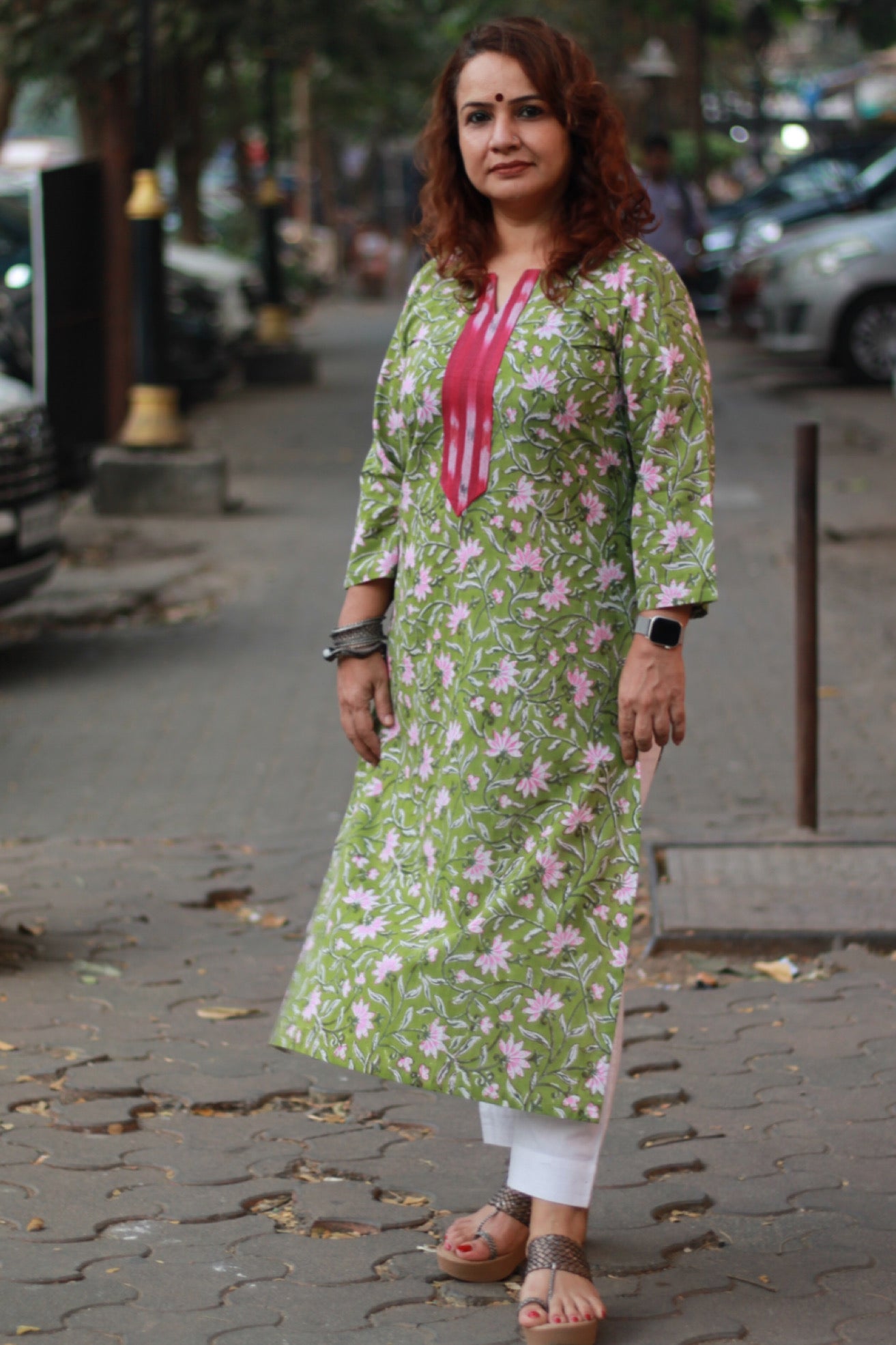 Arya | Long Kurta | Green Floral Sanganeri with Ikkat Yoke