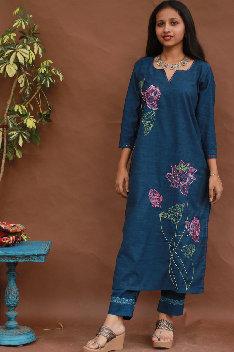 Saroj | Riya | Embroidered Cotton Kurta | Blue