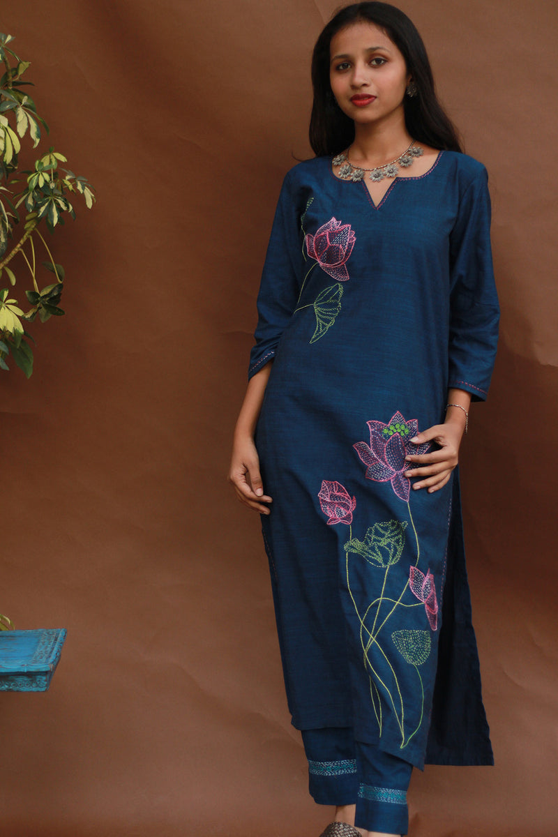 Saroj | Riya | Embroidered Cotton Kurta | Blue