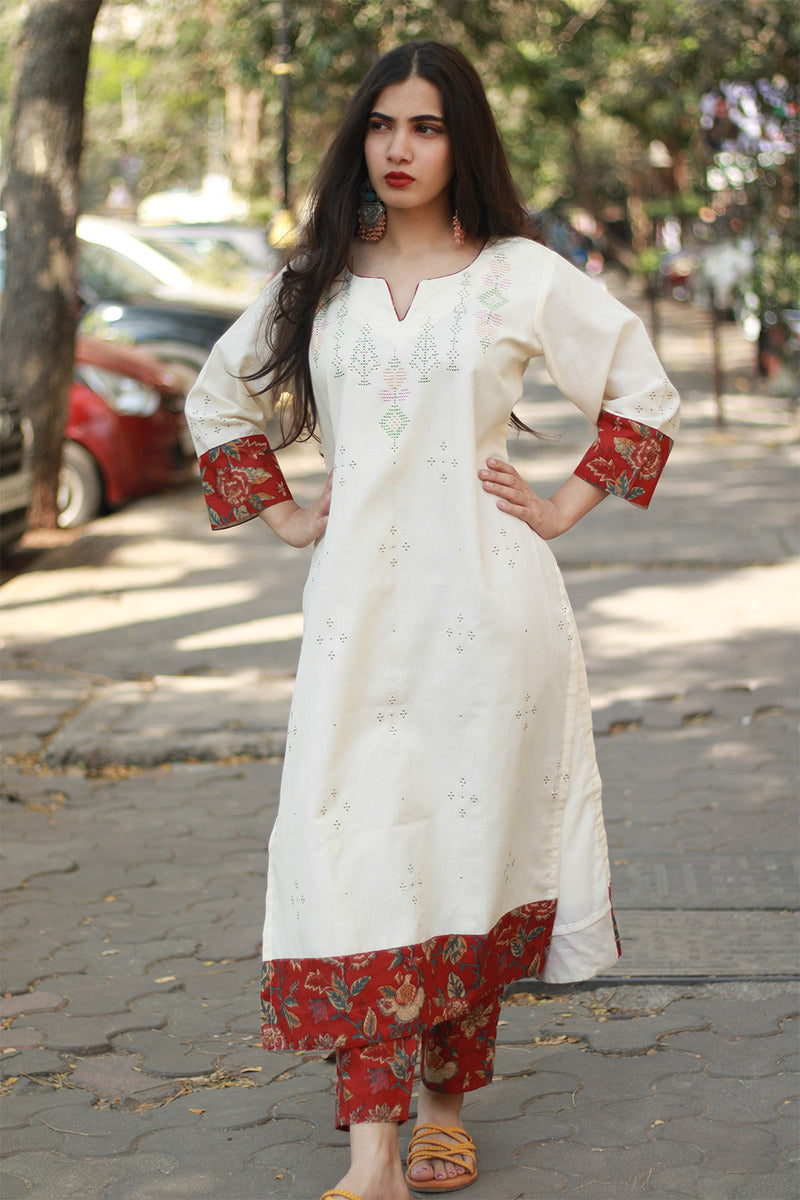 Daana | Tangaliya Kurta | Ivory With Red Sanganeri