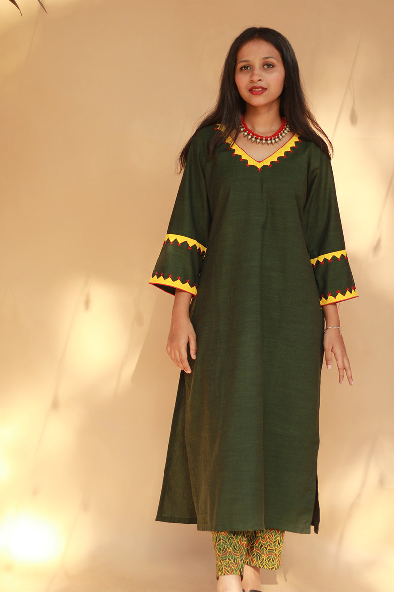 Long Kurta | Appliqué |  Green