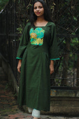 Saroj | Long Kurta | Hand Painted Yoke | Green