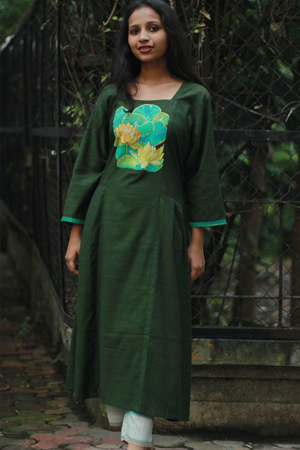 Saroj | Long Kurta | Hand Painted Yoke | Green