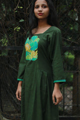 Saroj | Long Kurta | Hand Painted Yoke | Green