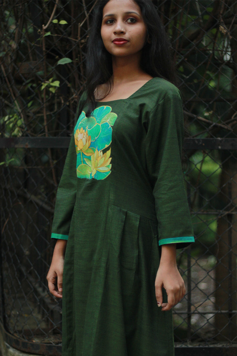 Saroj | Long Kurta | Hand Painted Yoke | Green