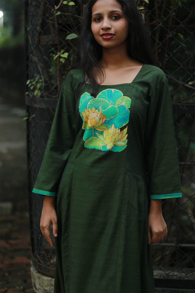 Saroj | Long Kurta | Hand Painted Yoke | Green