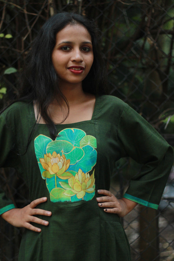 Saroj | Long Kurta | Hand Painted Yoke | Green