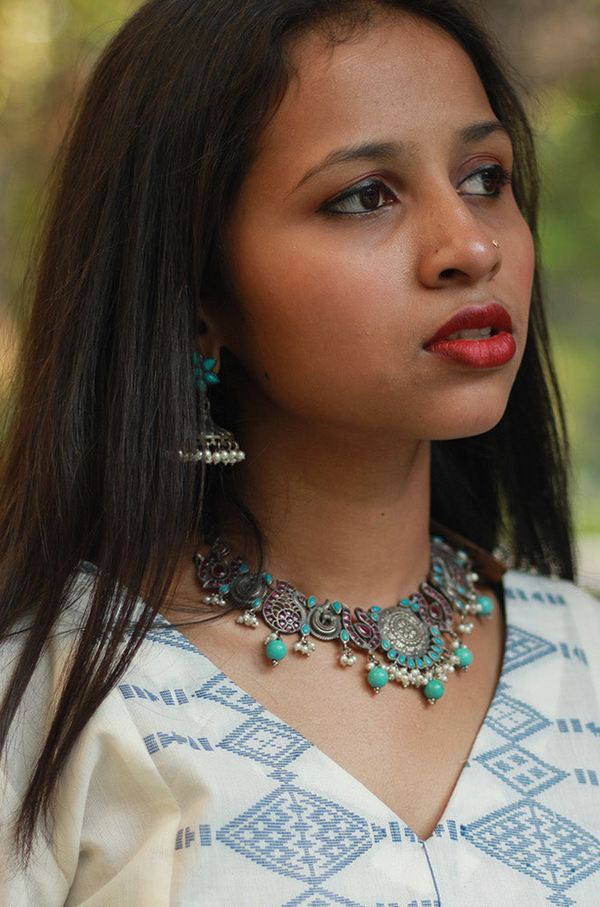Mani Pankhi | Silver Necklace | Turquoise & Kundan