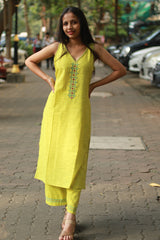 Riya | Sleeveless Embroidered Cotton Kurta | Lime