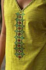 Riya | Sleeveless Embroidered Cotton Kurta | Lime