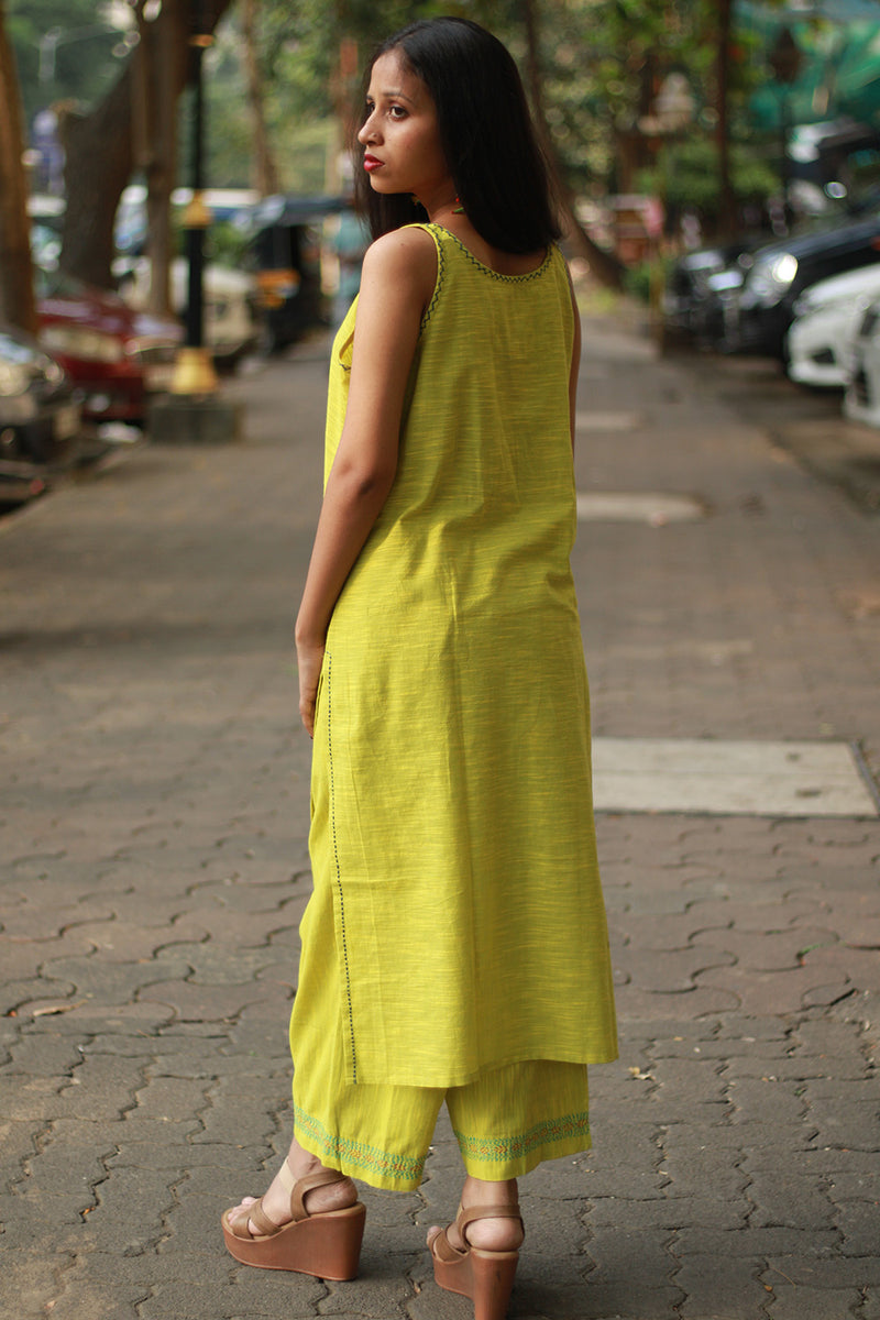 Riya | Sleeveless Embroidered Cotton Kurta | Lime