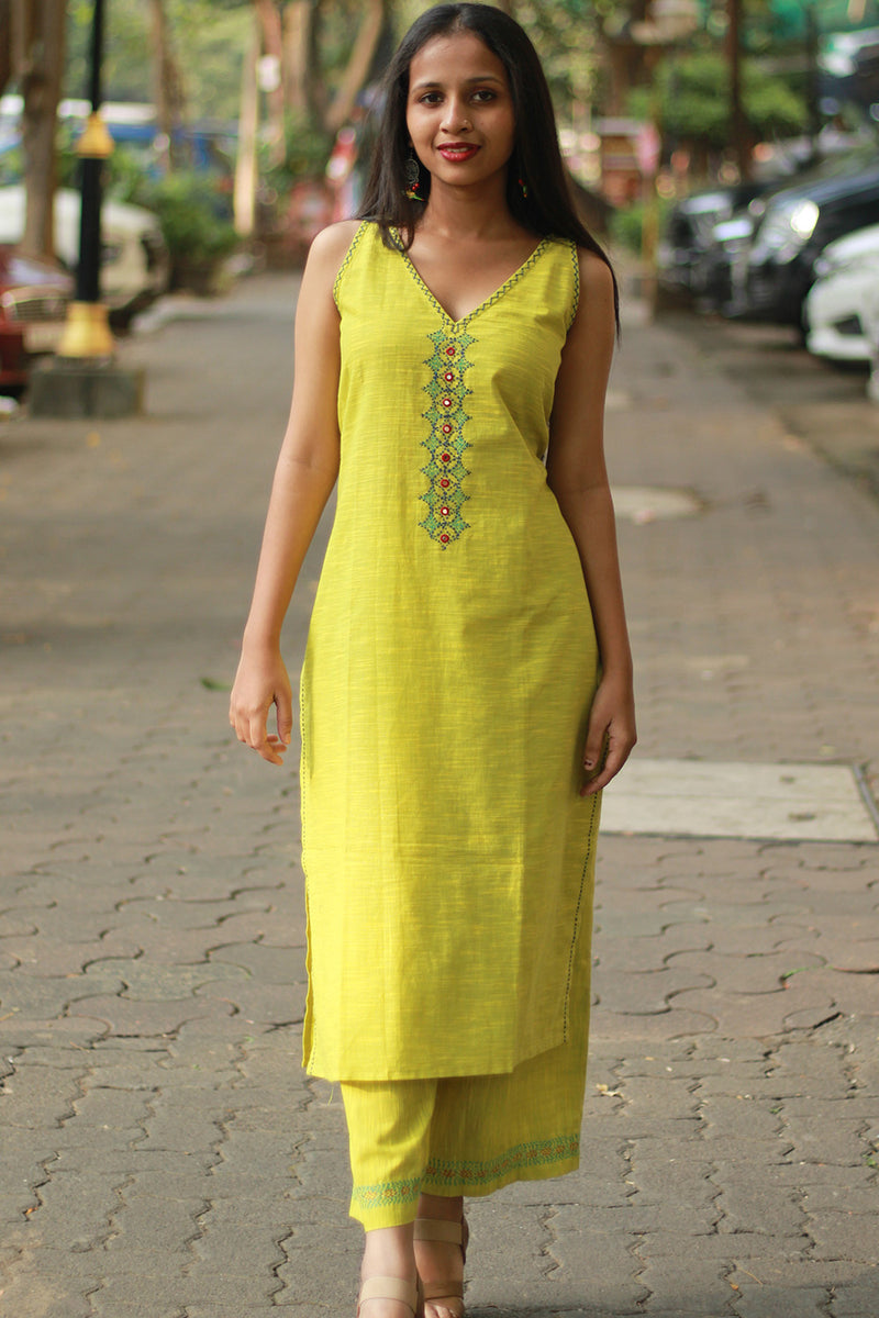 Riya | Sleeveless Embroidered Cotton Kurta | Lime