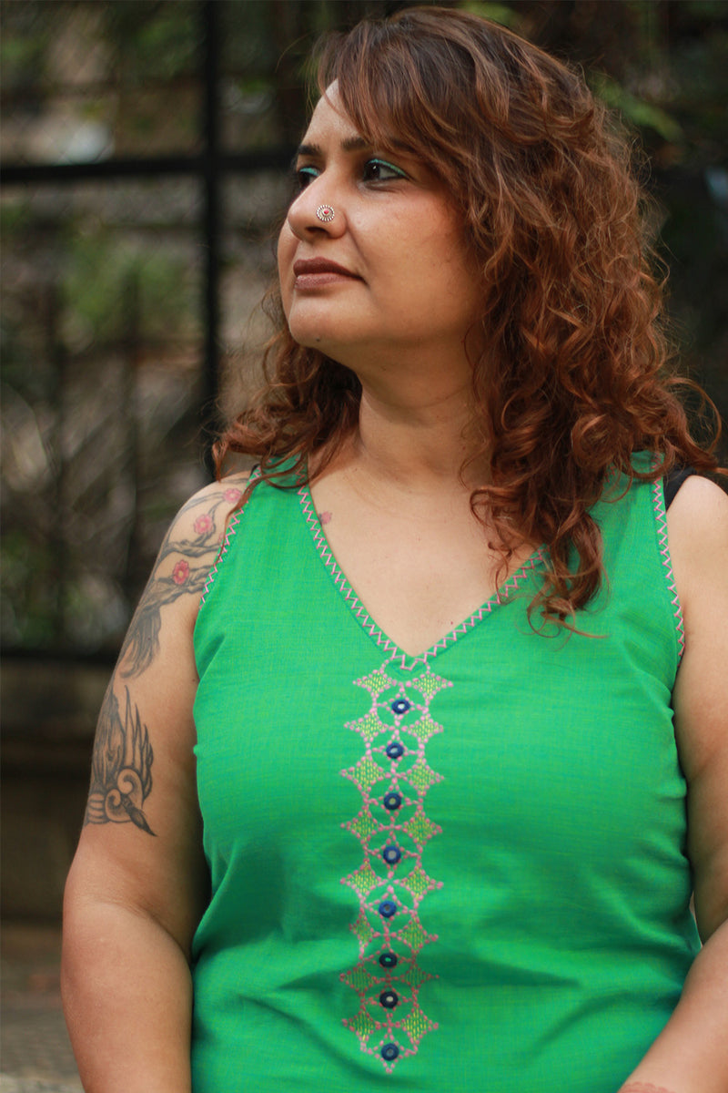 Riya | Sleeveless Embroidered Cotton Kurta | Teal