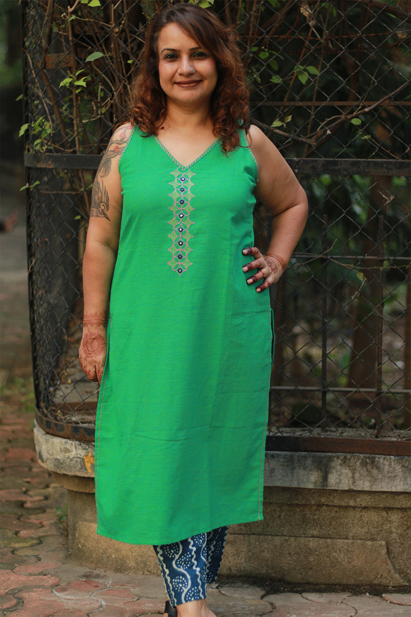 Riya | Sleeveless Embroidered Cotton Kurta | Teal
