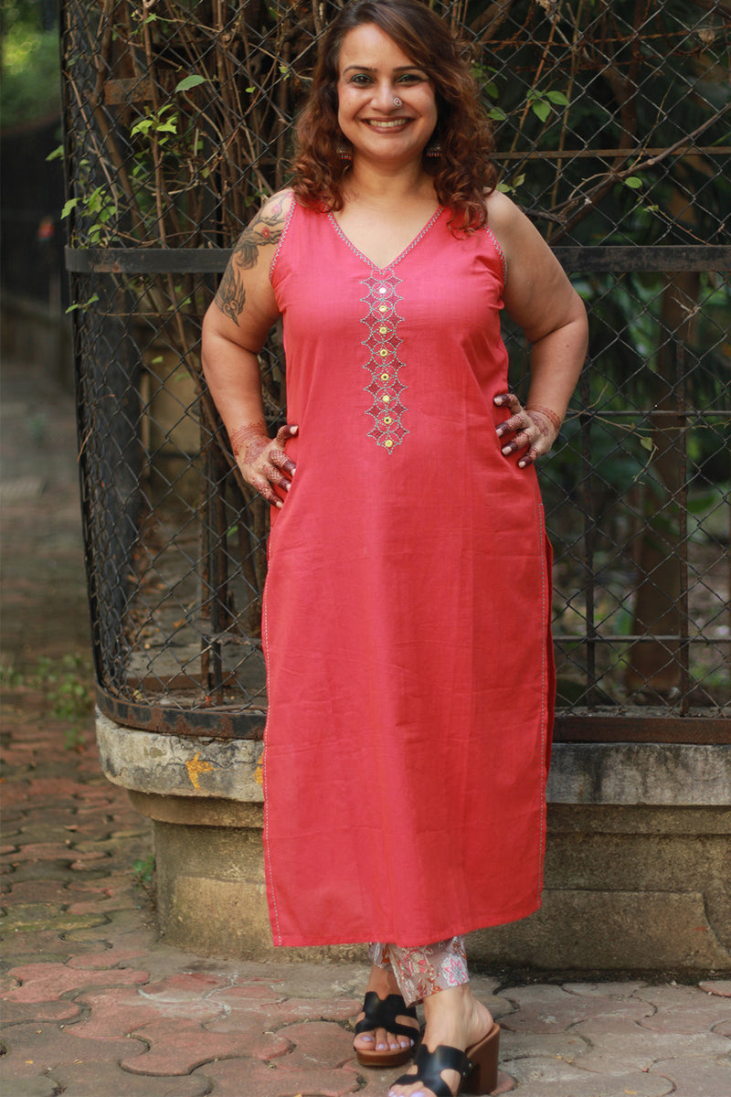 Riya | Sleeveless Embroidered Cotton Kurta | Coral