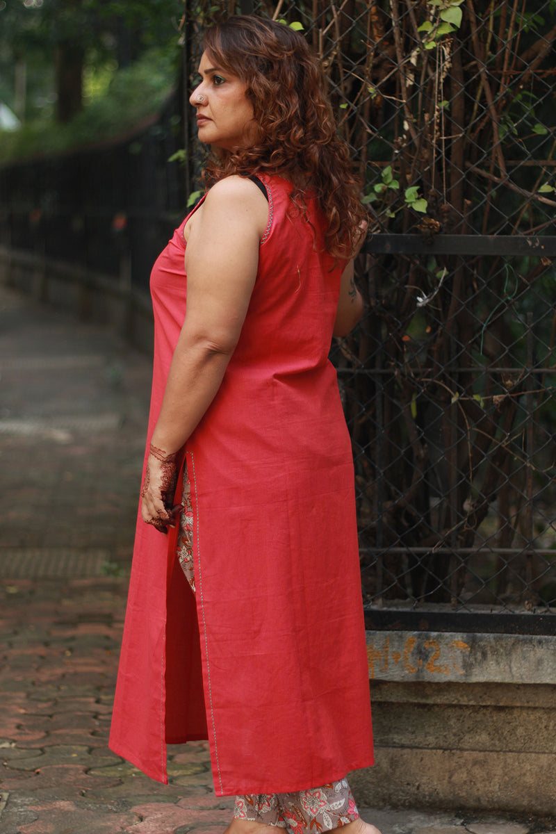 Riya | Sleeveless Embroidered Cotton Kurta | Coral