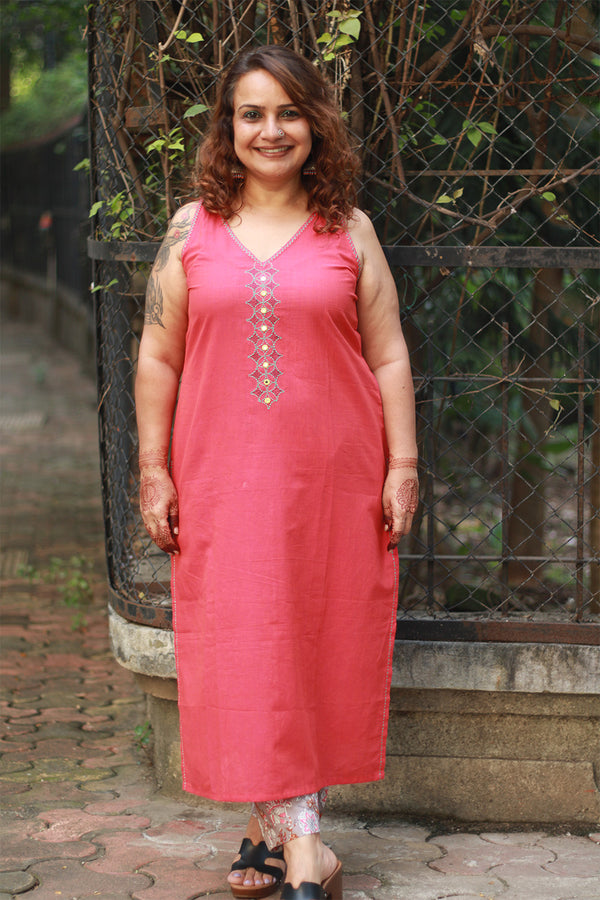 Riya | Sleeveless Embroidered Cotton Kurta | Coral
