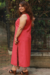 Riya | Sleeveless Embroidered Cotton Kurta | Coral