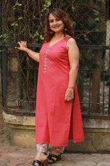 Riya | Sleeveless Embroidered Cotton Kurta | Coral