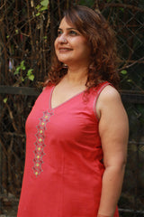 Riya | Sleeveless Embroidered Cotton Kurta | Coral