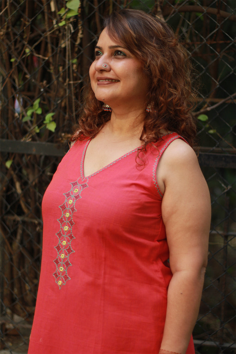 Riya | Sleeveless Embroidered Cotton Kurta | Coral