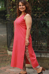 Riya | Sleeveless Embroidered Cotton Kurta | Coral