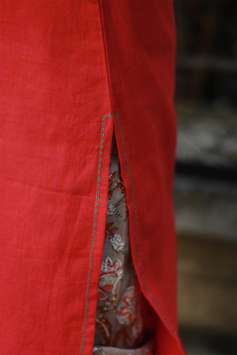 Riya | Sleeveless Embroidered Cotton Kurta | Coral