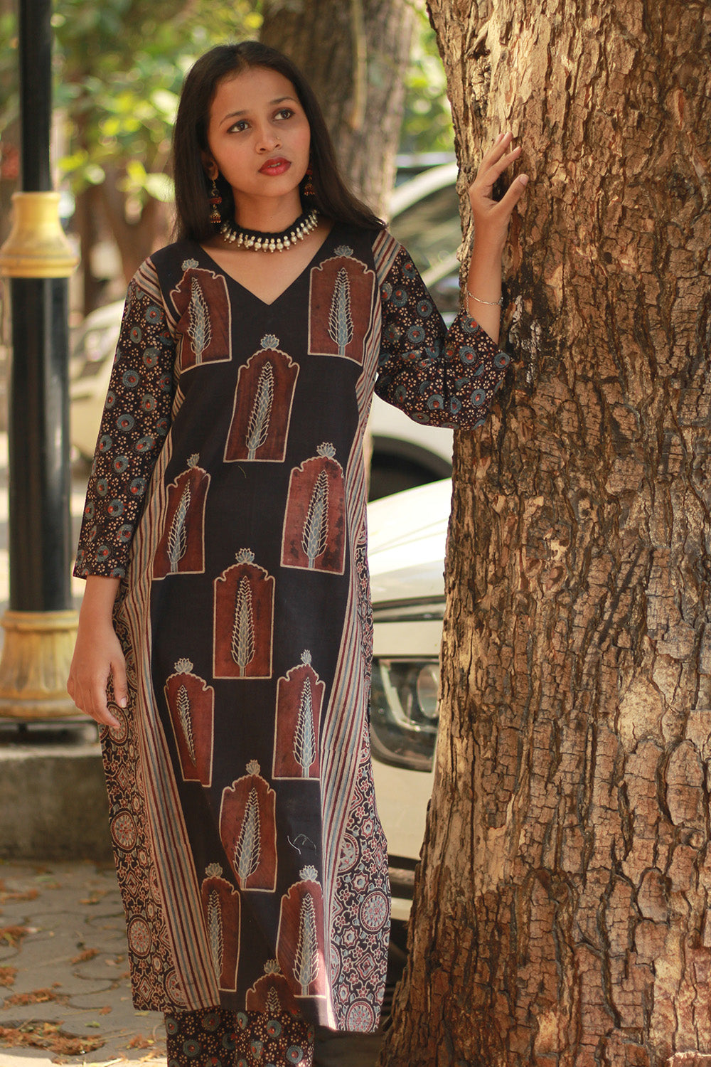 Abhira | Long Kurta | Noir Pine Ajrakh