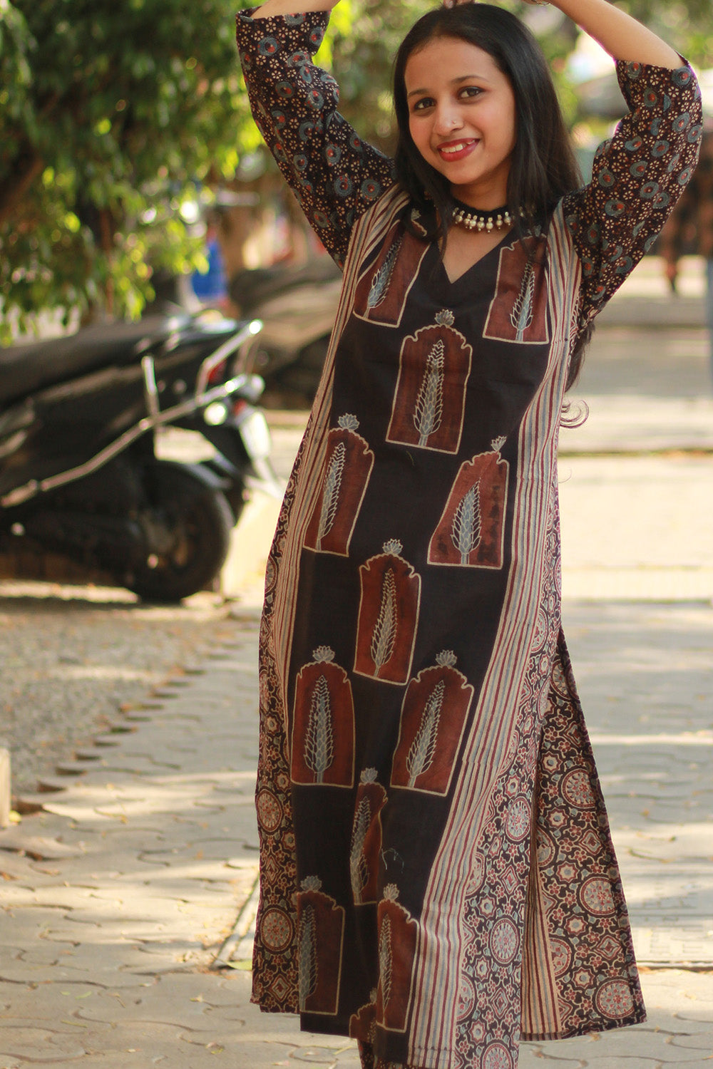 Abhira | Long Kurta | Noir Pine Ajrakh