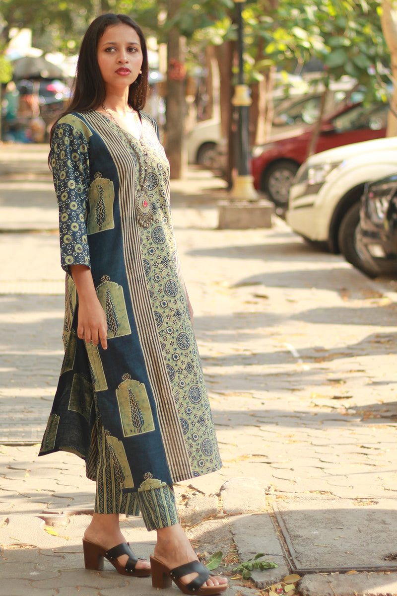 Abhira | Long Kurta | Sea Green Pine Ajrakh