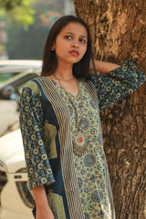 Abhira | Long Kurta | Sea Green Pine Ajrakh
