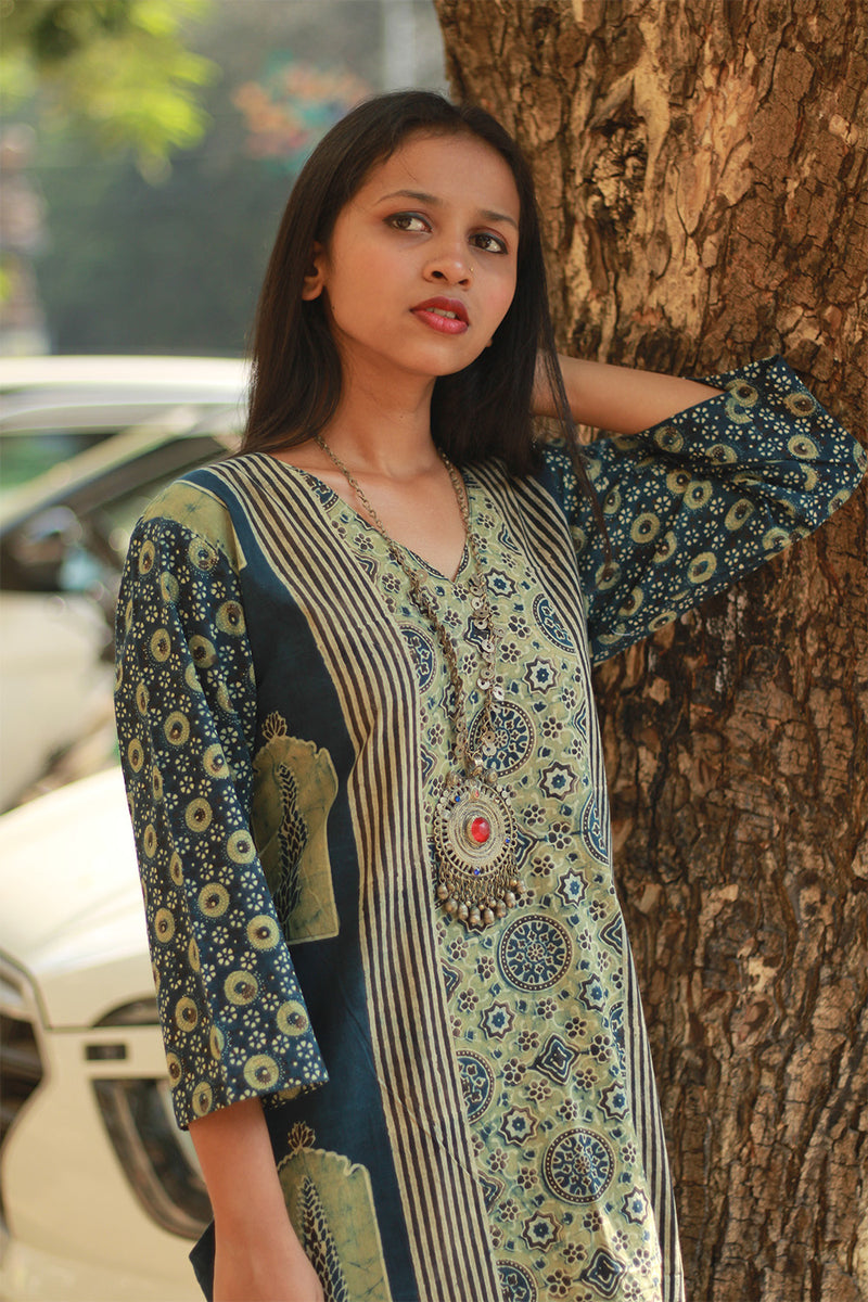 Abhira | Long Kurta | Sea Green Pine Ajrakh
