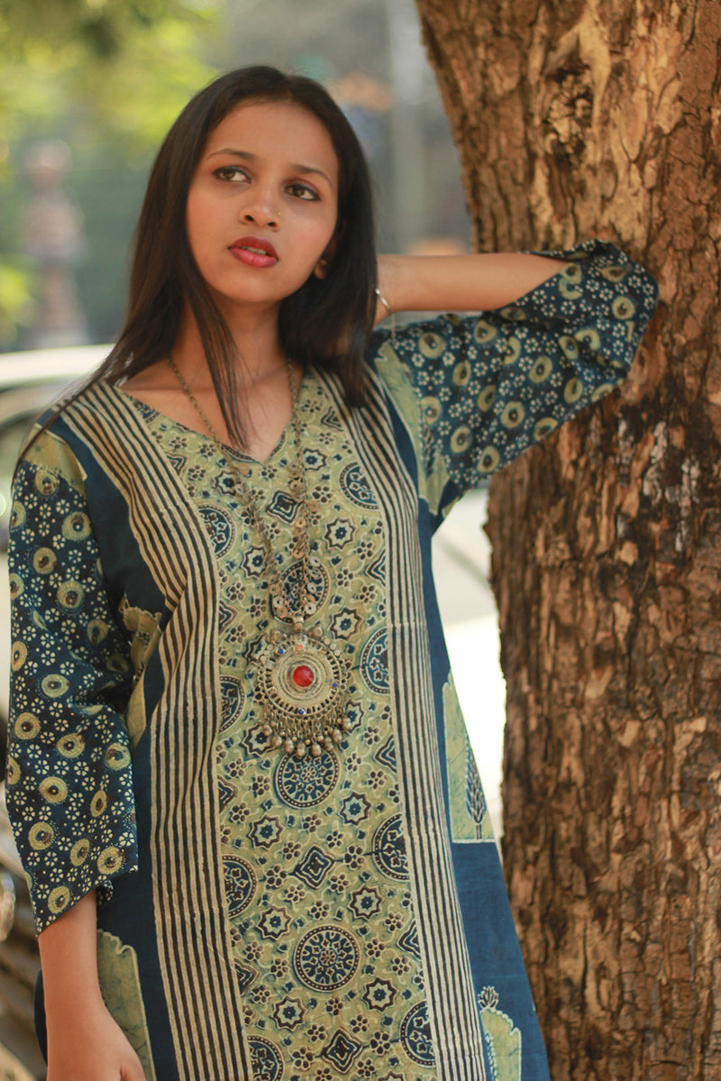 Abhira | Long Kurta | Sea Green Pine Ajrakh